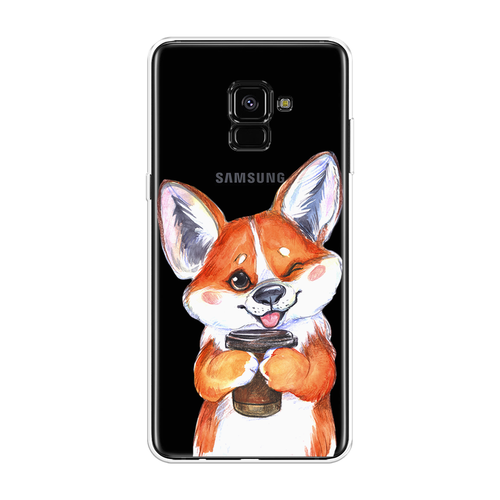 Силиконовый чехол на Samsung Galaxy A8 Plus 2018 / Самсунг Галакси A8 Плюс Корги с кофе, прозрачный силиконовый чехол на samsung galaxy a8 plus 2018 самсунг галакси a8 плюс hanya oni mask прозрачный