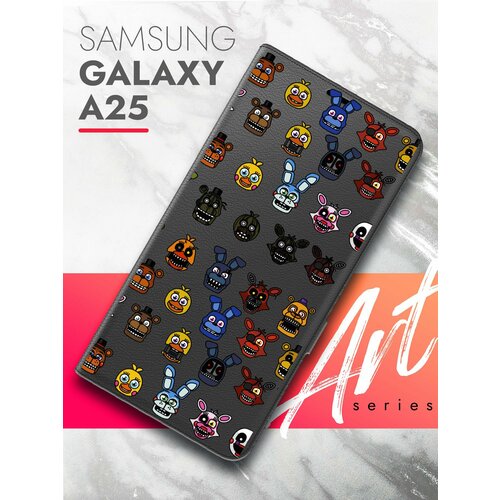 Чехол на Samsung Galaxy A25 (Самсунг Галакси А25) черный книжка экокожа подставка отделение для карт магнит Book case, Brozo(принт) Аниматроник Паттерн чехол на samsung galaxy a35 самсунг галакси а35 фиолетовый книжка экокожа подставка отделение для карт book case brozo принт аниматроник паттерн