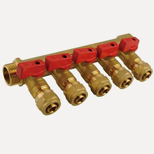 Изображение товара Коллектор с шаровым краном 3/4 х 16 мм для отопления латунь 5 секций VR705