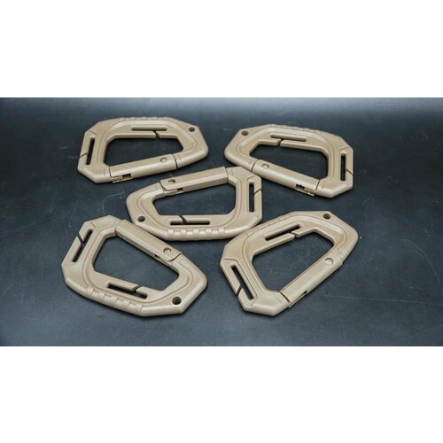 фото Карабин разгрузочный тактический 9 см, пластик, d-образный, песочный 5 штук без бренда