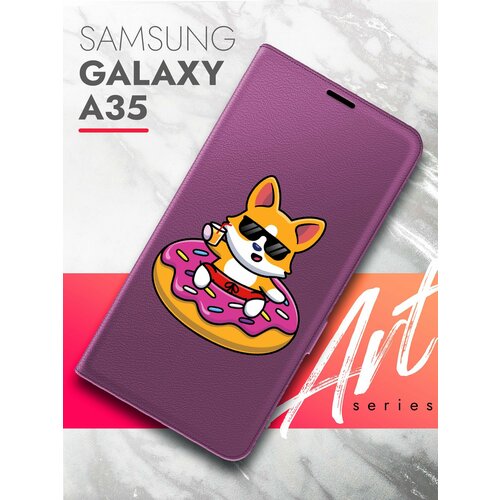 Чехол на Samsung Galaxy A35 (Самсунг Галакси А35) фиолетовый книжка экокожа подставка отделение для карт магнит Book case, Brozo(принт) Корги в Пончике чехол на samsung galaxy a35 самсунг галакси а35 фиолетовый книжка экокожа подставка отделение для карт магнит book case brozo принт медведь шапка