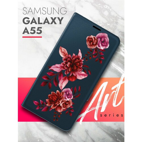 Чехол на Samsung Galaxy A55 (Самсунг Галакси А55) синий книжка эко-кожа подставка отделение для карт магнит Book case, Brozo (принт) Гранатовые Цветы чехол на samsung galaxy a25 самсунг галакси а25 синий книжка эко кожа подставка отделение для карт магнит book case brozo принт гранатовые цветы