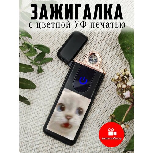 Электронная зажигалка подарочная с УФ печатью Кот мем брелок с цветной с уф печатью кот с сердечкой