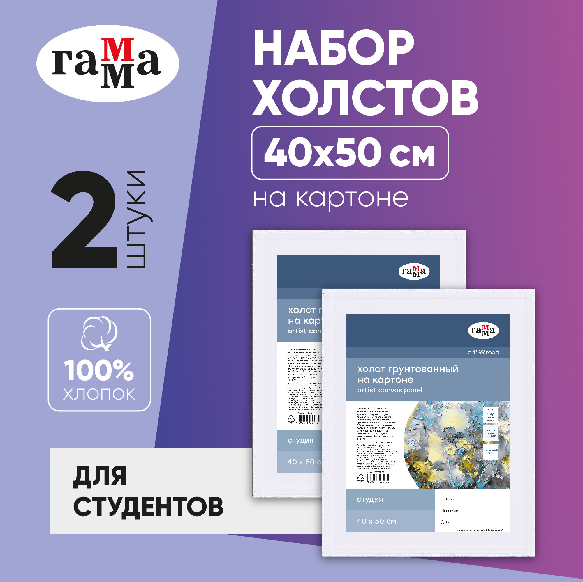 Набор холстов на картоне Гамма "Студия", 2 штуки 40*50см, 100% хлопок, 280 г/м2, мелкое зерно