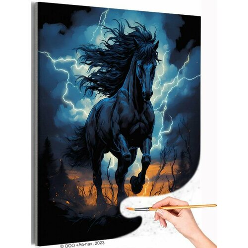 Черная лошадь на природе Животные Конь Ночь Раскраска картина по номерам на холсте 40х50