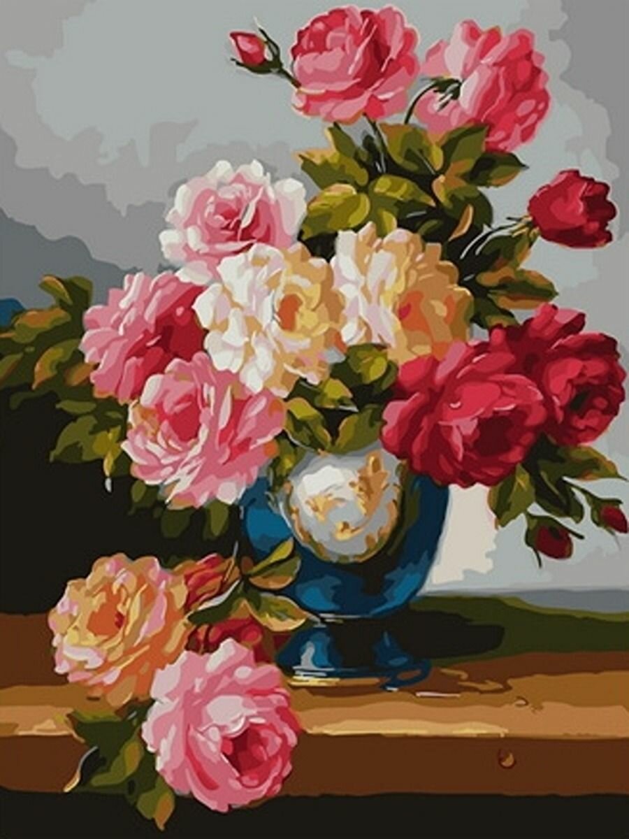 Картина раскраска по номерам на подрамнике на холсте 40*50 см "Пионы в лазурной вазе"