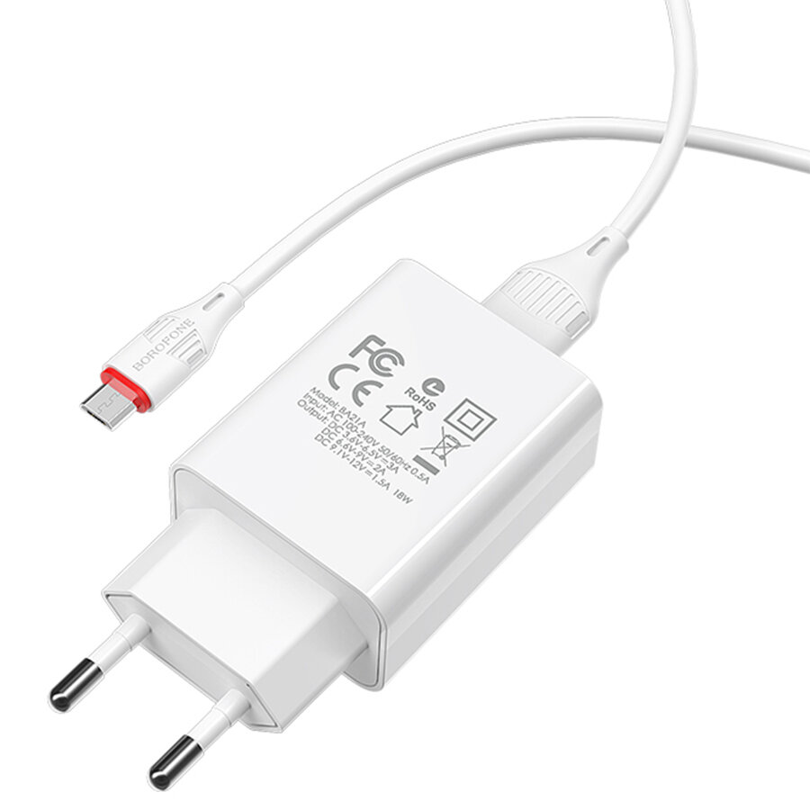 Сетевое зарядное устройство BOROFONE BA21A Long journey 1xUSB с Кабелем USB - Micro, 3A, 18W, белый