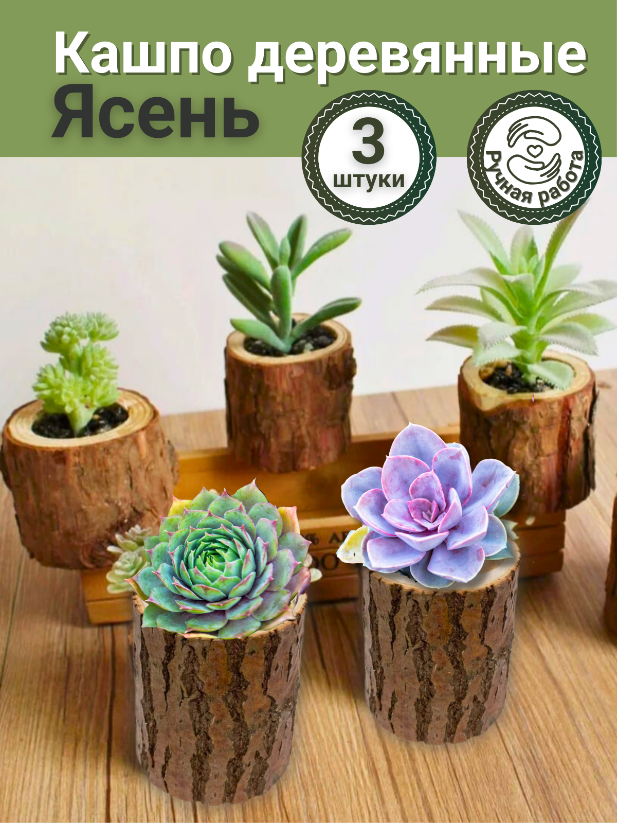 фото Деревянные кашпо для суккулетов 3 штуки