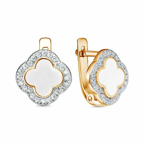 Серьги Infini, красное золото, 585 проба, фианит, эмаль, размер 11 мм, длина 1.1 см, , белый