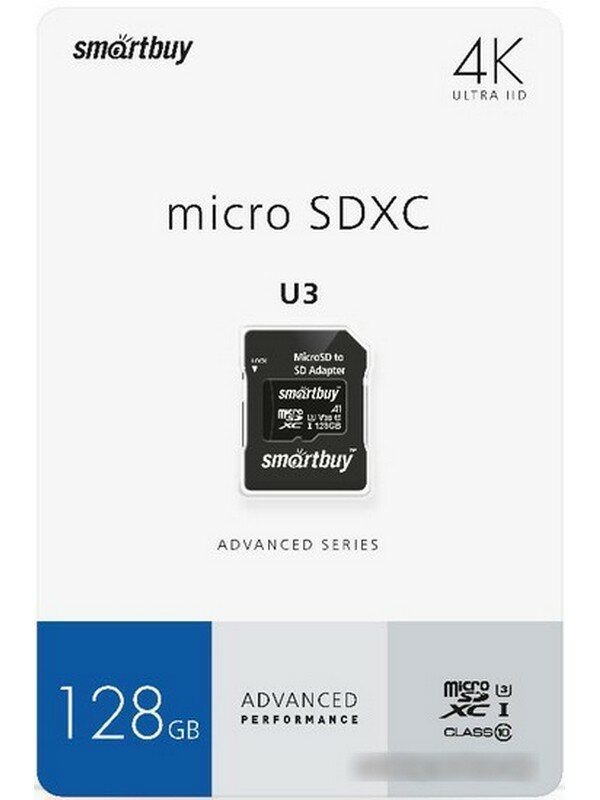 Карта памяти Smartbuy Advanced microSDXC 128GB, U3, V30, A1, SD адаптер (SB128GBSDU1A-AD)