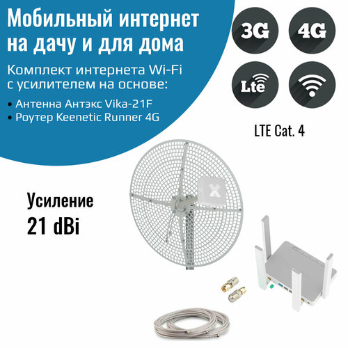 антенна 21 дб ant 21f 3g 4g Усилитель интернета для дачи – роутер Keenetic Runner 4G с параболической антенной Vika-21F