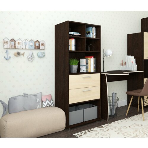 Стеллаж, шкаф с ящиками, с полками, в кабинет, в детскую, Есэндвич Лаворо, 60x40х150 см (Венге/Выбеленный Дуб)