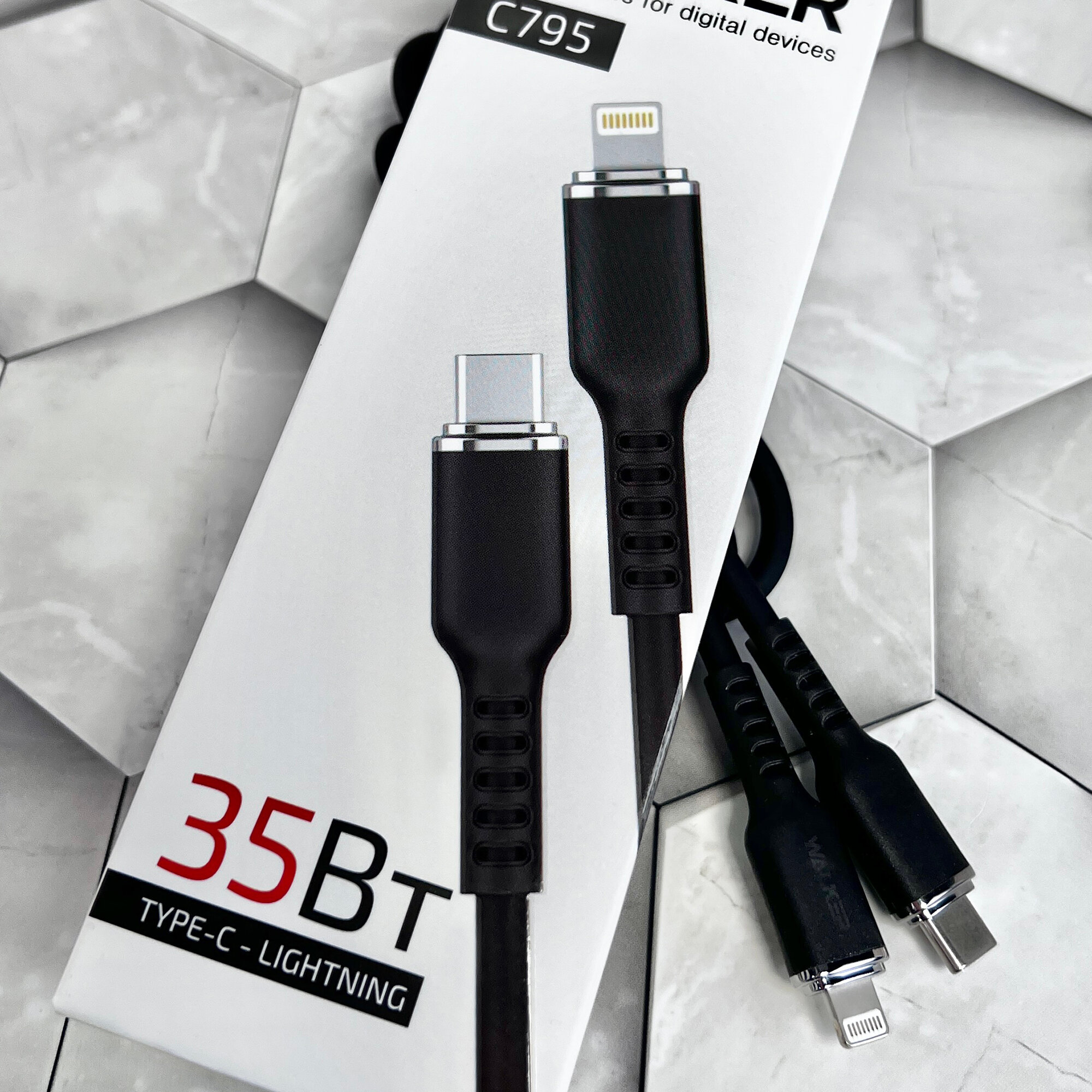 Кабель для зарядки и передачи данных USB Type-C - Lightning "WALKER" C795 35W 3.3A, 1 м, мягкий силиконовый провод переходник лайтинг для айфона, черный