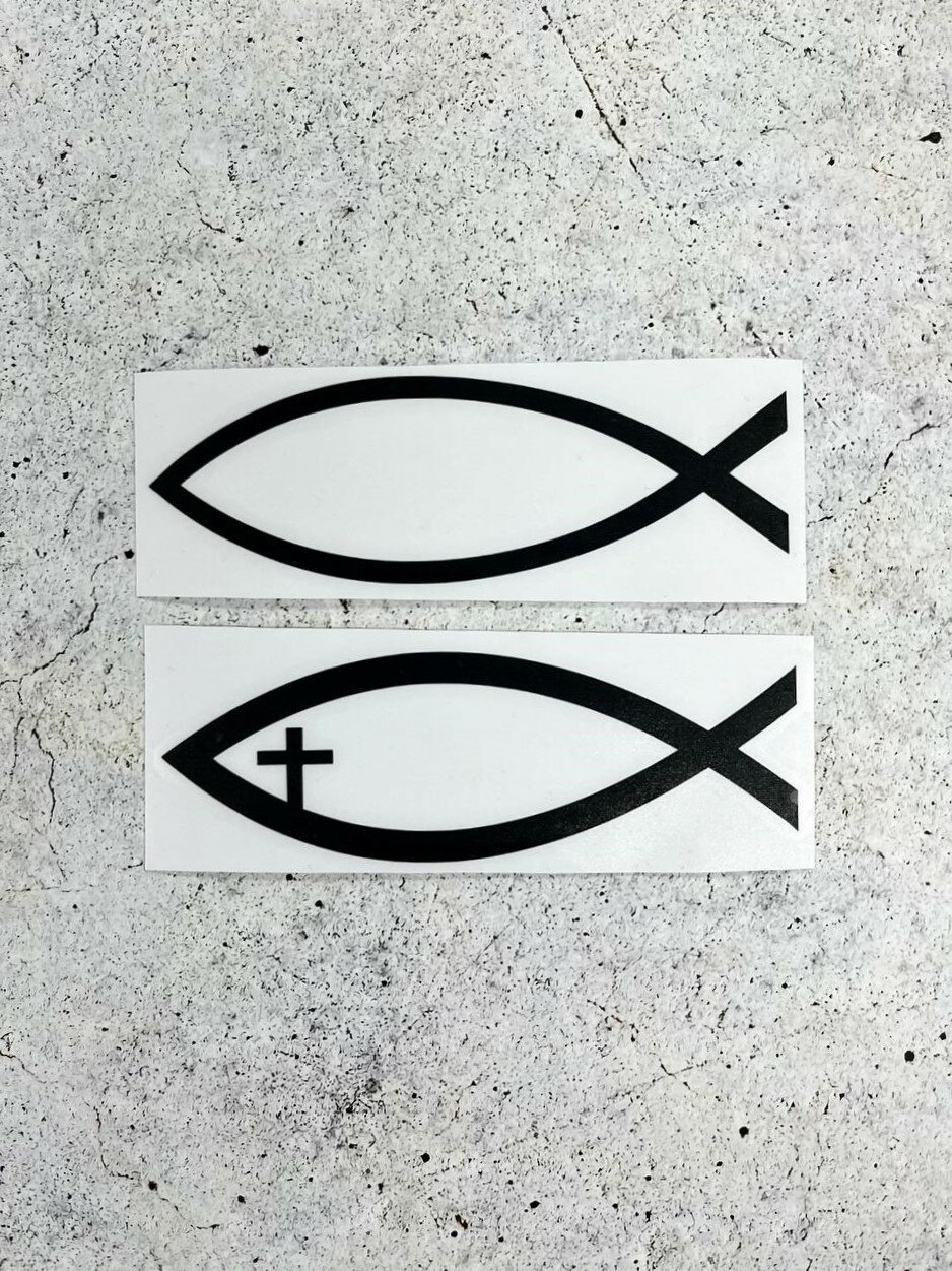 Наклейка с изображением Иисуса рыбы Бога христианского креста (4,2х12,8 см.) черная 2 шт.