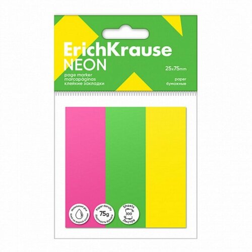 Закладки с клеевым краем бумажные 25x75 мм, ErichKrause Neon, 300 листов, 3 цвета