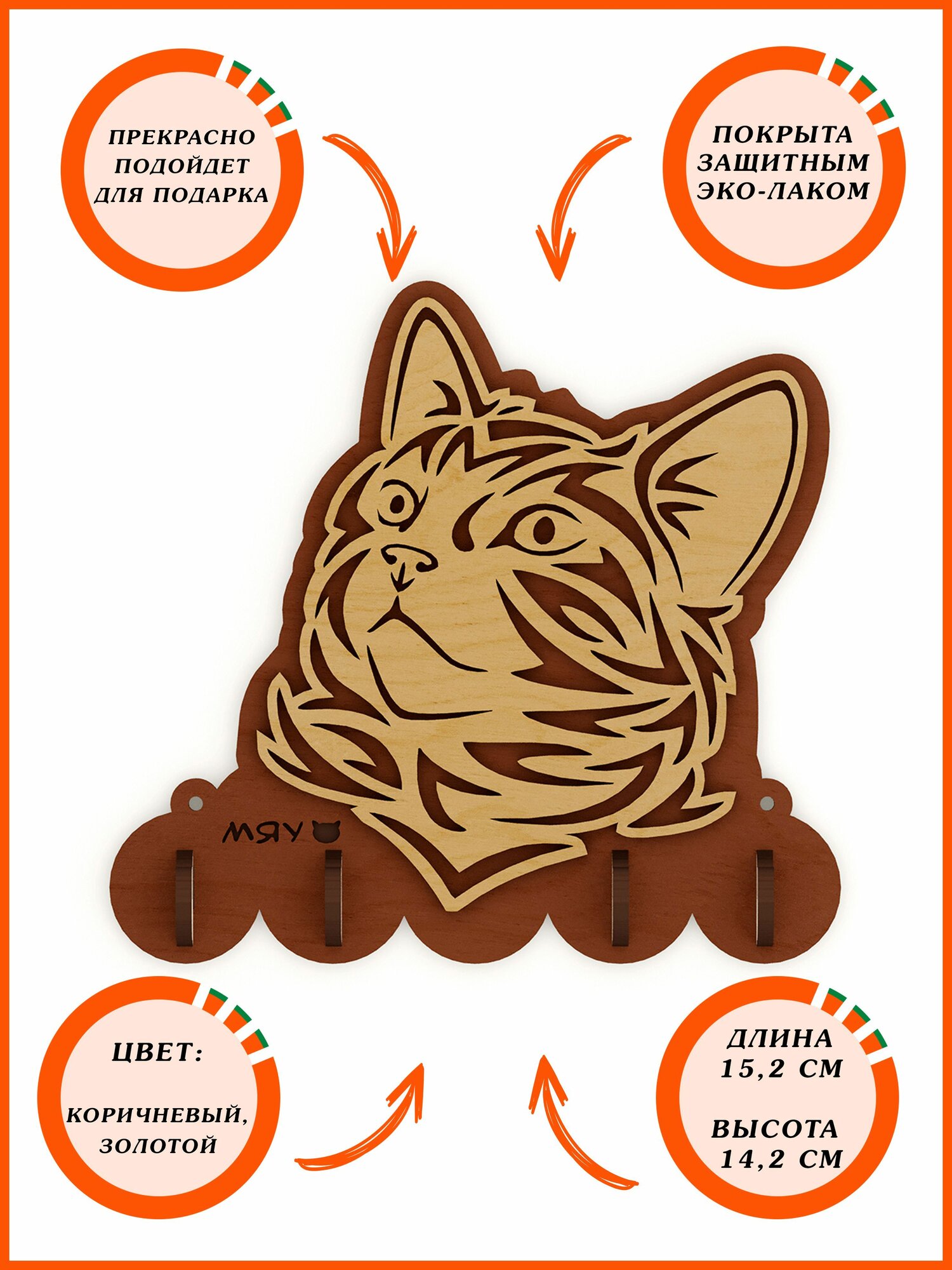 Ключница настенная "Кот (большая голова)" для ключей на стену в дом, апельсин маркет