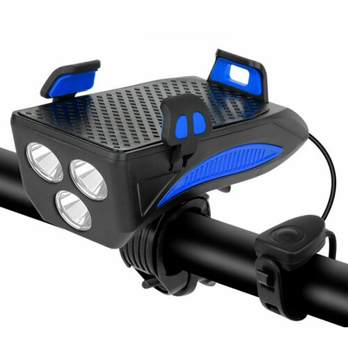 Фонарь передний COMIRON HOLDER ABS, IPX5; 3*T6 LED, 400lm; 4800mAh USB индикатор заряда POWER BANK сигнал 130Дб крепление смартфона синий
