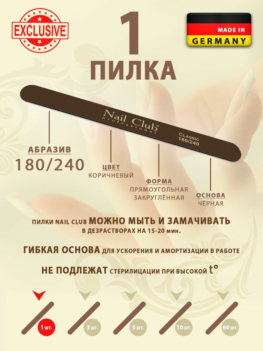 Nail Club professional Маникюрная пилка для опила ногтей серия Classic коричневая, форма узкая прямая, для натуральных ногтей, абразив 180/240, 1 шт.