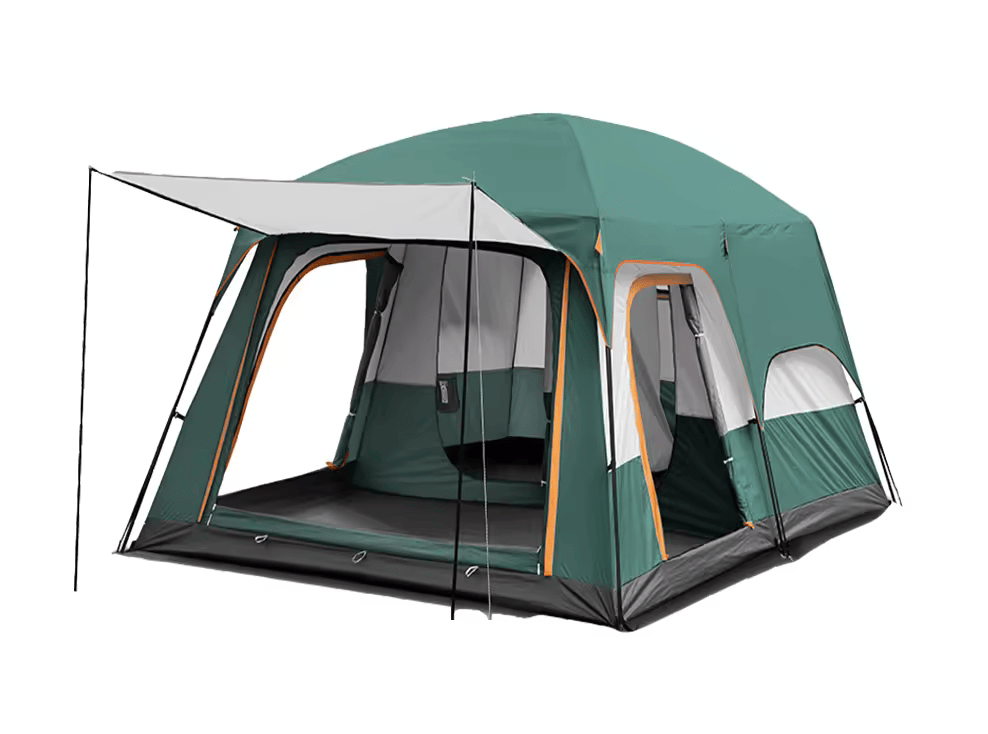 Двухместная туристическая быстросборная палатка с тремя входами и одним тамбуром, зеленая