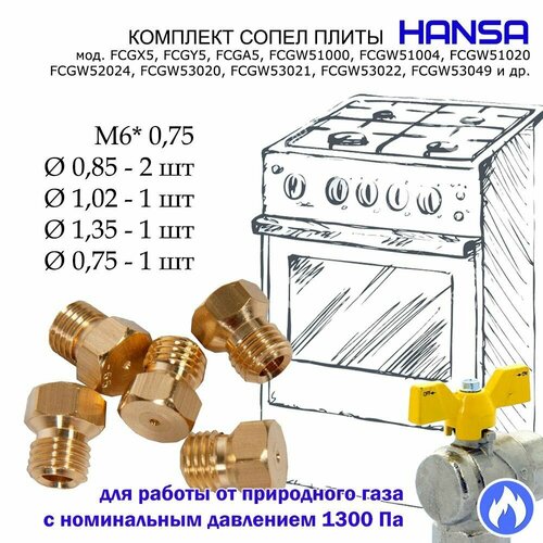Комплект жиклеров, форсунок газовой плиты Hansa под природный газ комплект жиклеров форсунок газовой плиты hansa сжиженный газ 1040316