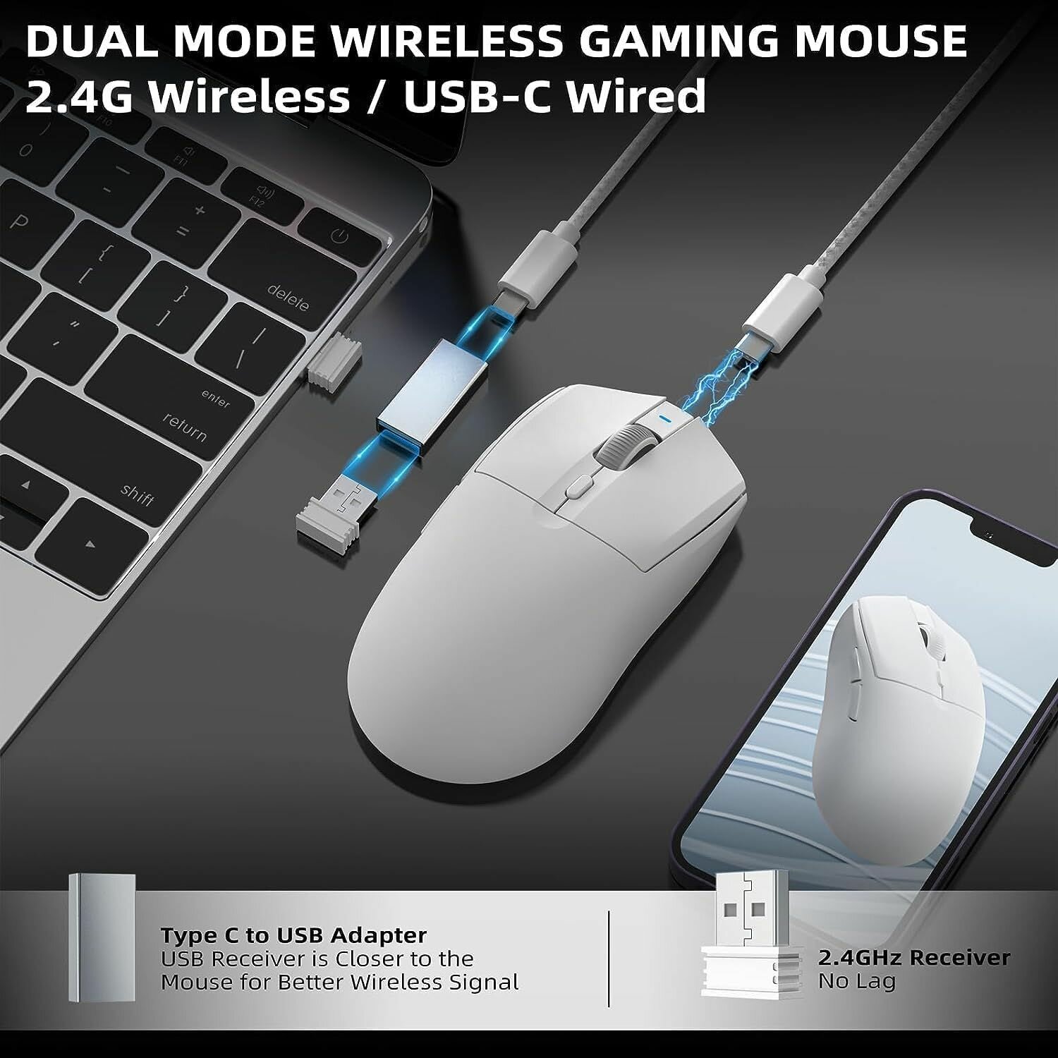 Ajazz Игровая мышь беспроводная AJ139PRO версия + приемник 1K, PAW3395 чип, белый