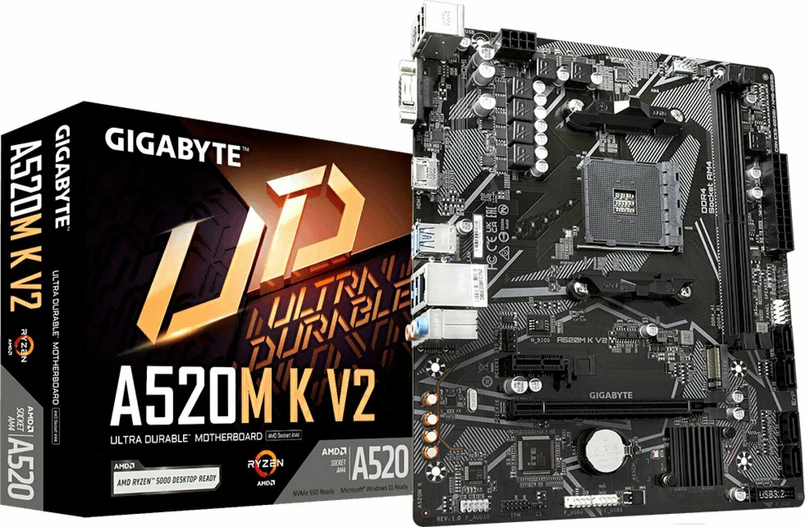 Материнская плата Gigabyte A520M K V2 (rev. 1.1) под игровой процессор Ryzen 5, сокет AM4, DDR4, PCI-E 3.0, VGA, HDMI, HDA 7.1, Retail