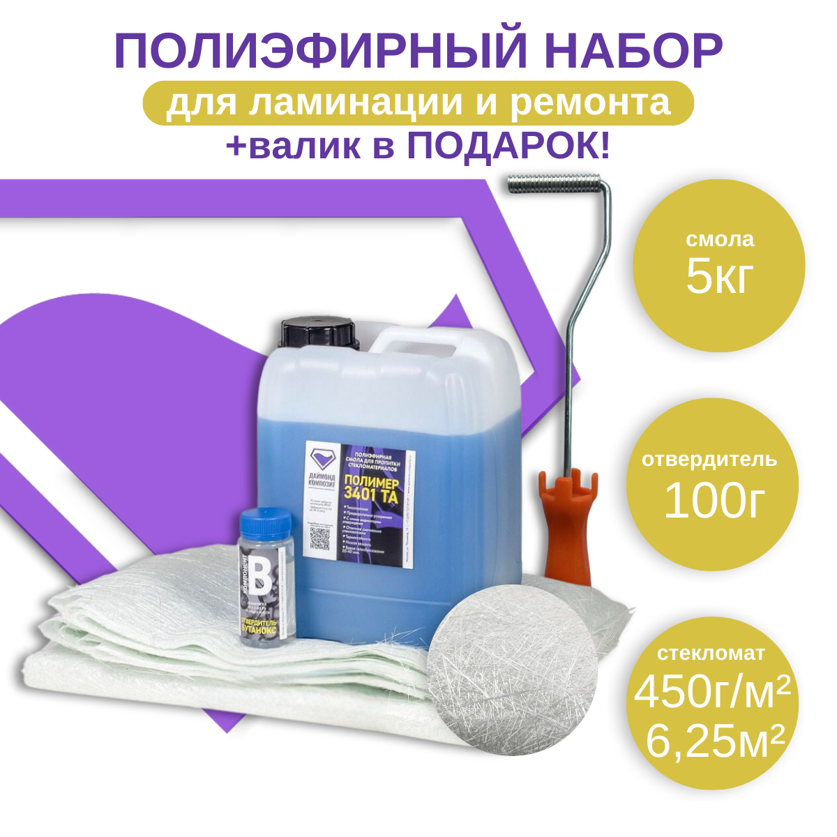 Набор для ремонта стеклопластика (полиэфирная смола 5кг, стекломат 450 - 5м) + валик прикаточный 10х50 в подарок