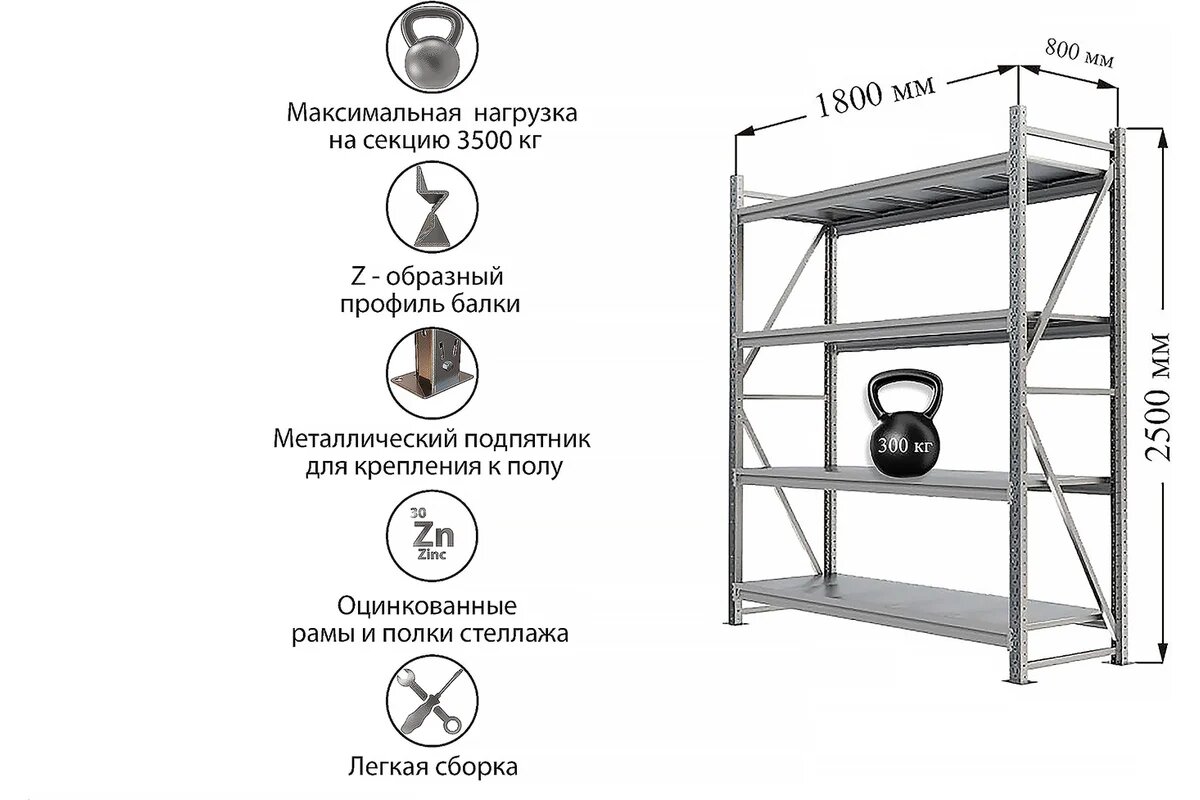 Металлический стеллаж IRONMEBEL optimus pro h-2500 zn 4 яруса 1800x800