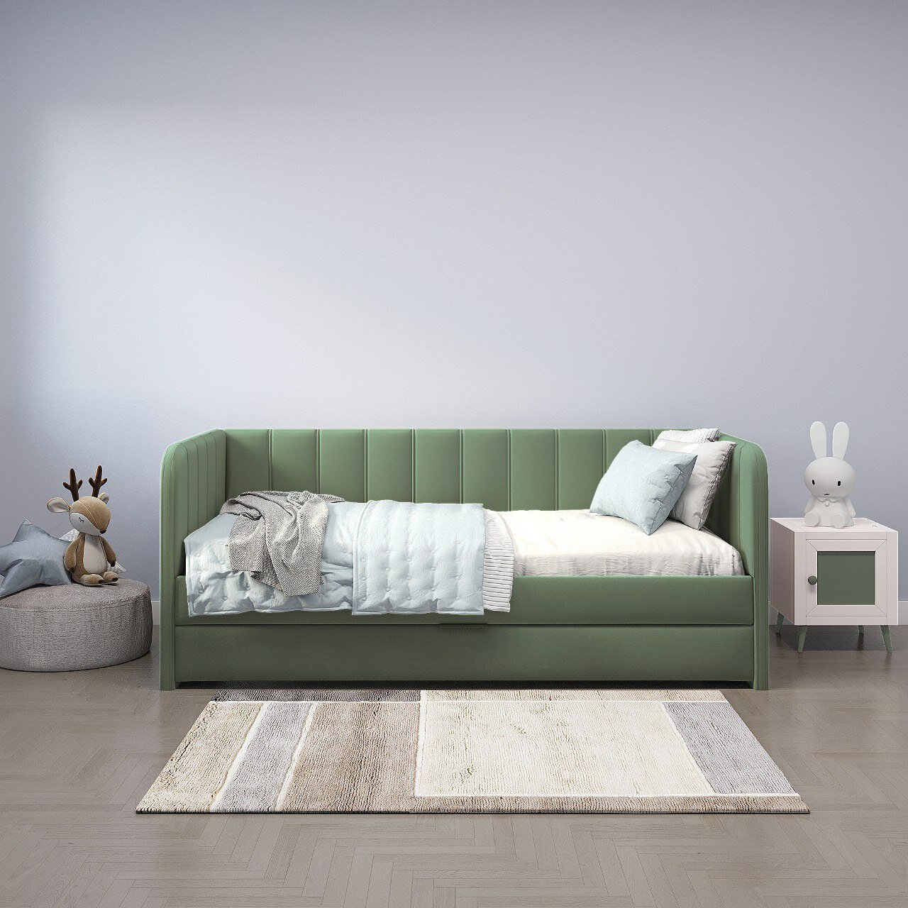 Futuka Kids Диван-кровать Crecker Newtone 07 с ящиком для белья (дополнительным спальным местом), цвет светло-зеленый , 200x90 см.