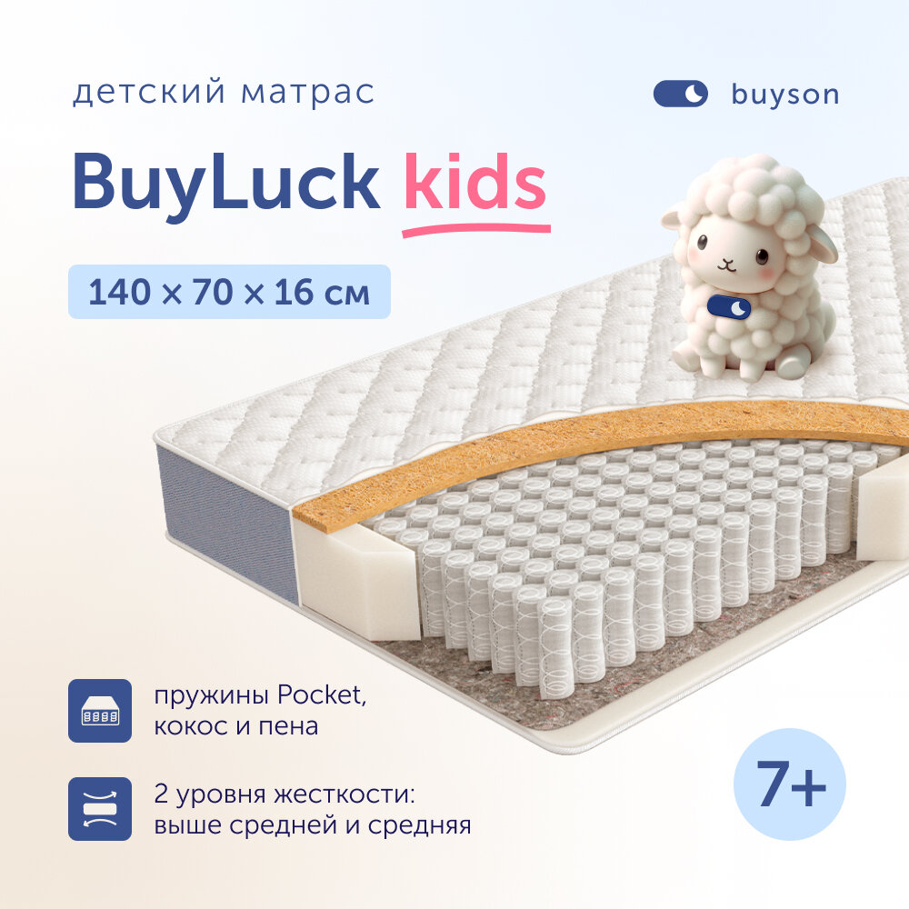 Матрас детский buyson BuyLuck 140x70 см, двусторонний, независимые пружины