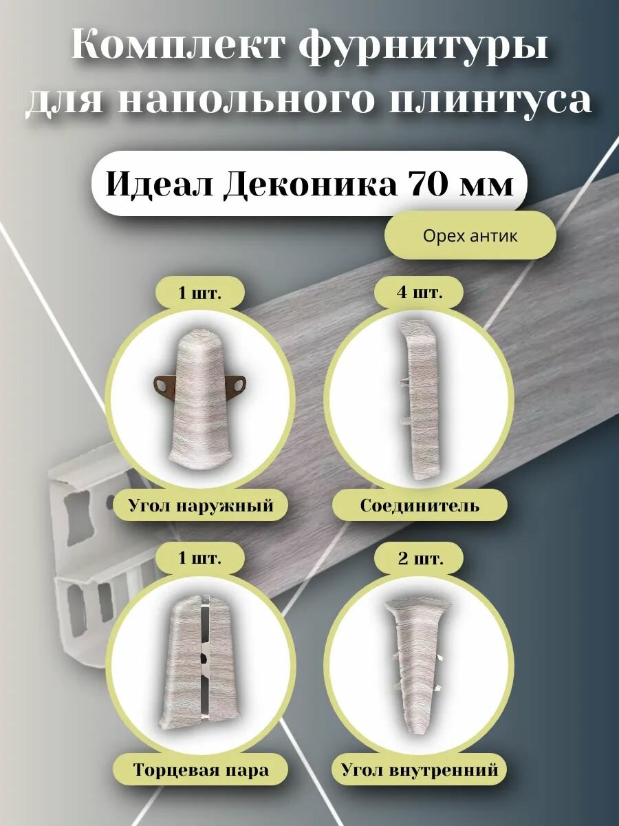 Комплект фурнитуры Ideal Deconika для напольного плинтуса 70мм орех антик
