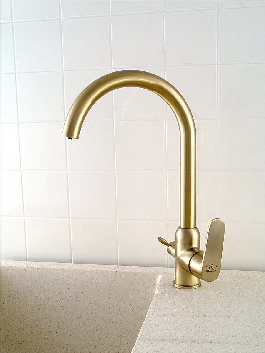 Смеситель для кухни Diadonna, латунь, матовое золото, гибкий шланг 40 см — фото 1
