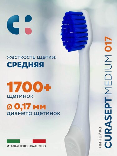 Изображение товара Зубная щетка средняя CURASEPT Medium 017 от зубного налета + защитный колпачок, Курасепт, Италия, белый-синий