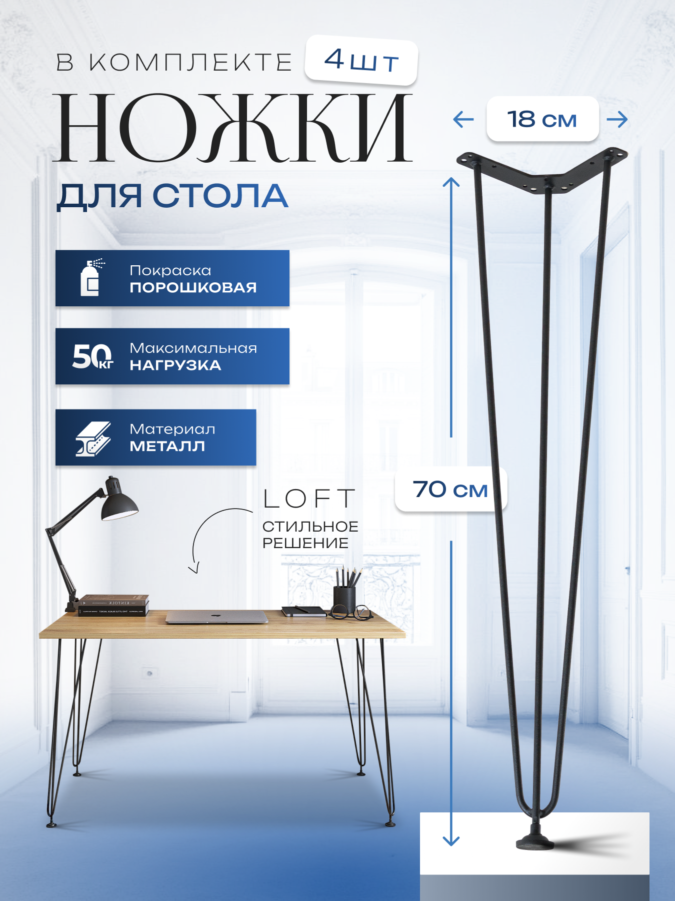 Ножки для мебели металлические 4 шт, лофт, цвет черный, 70 х 18 х 9 см.