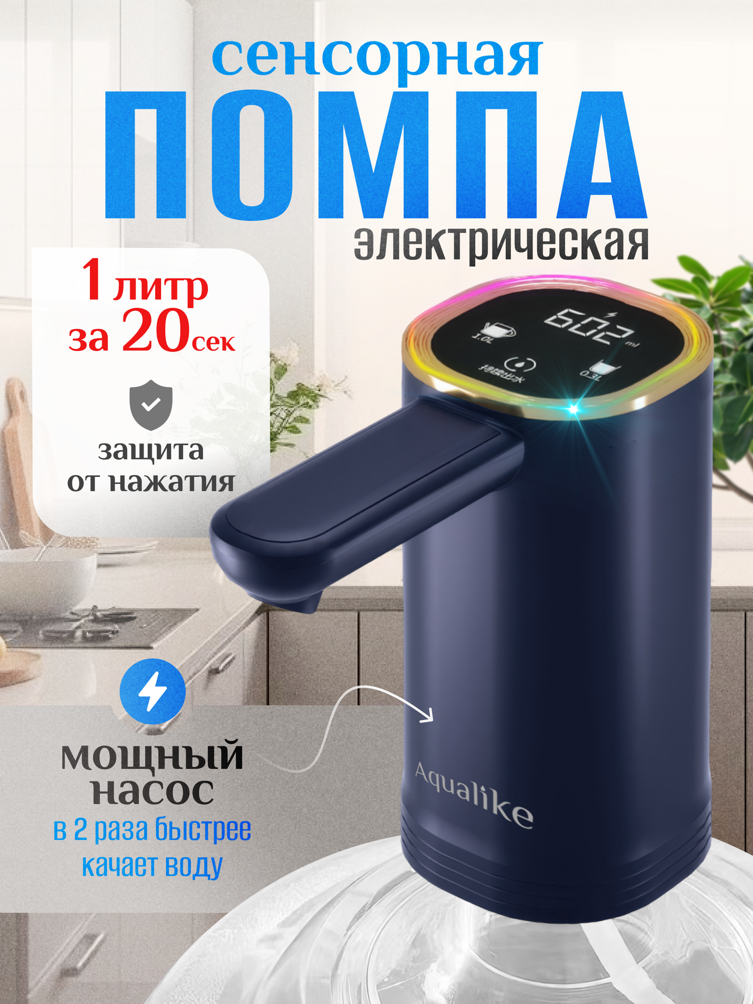 Помпа электрическая для воды 19л с двойным насосом D15, синяя