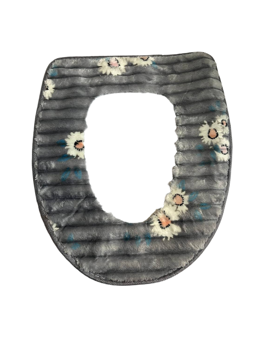 Мягкий чехол-коврик на сиденье унитаза серый с ромашками. Чехол на сиденье унитаза. Тёплый чехол для сиденья унитаза.