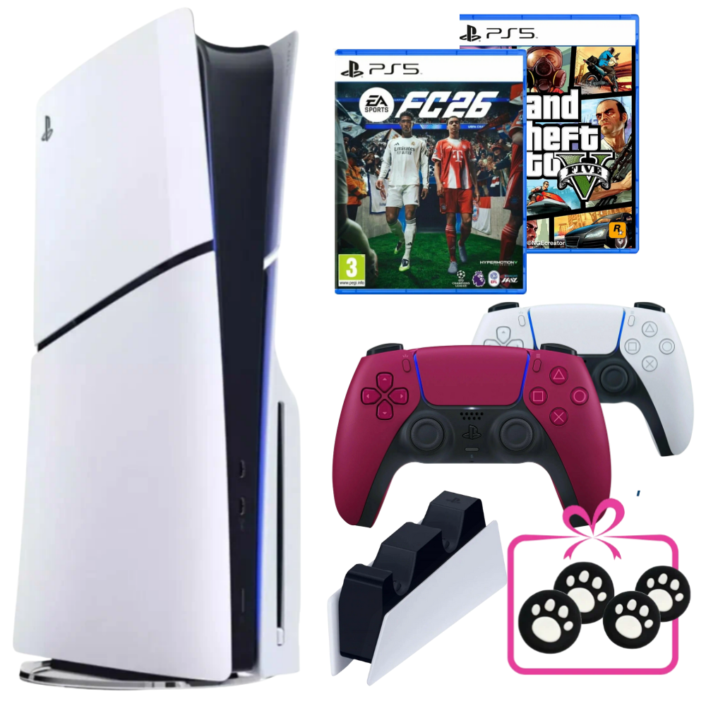 Игровая приставка PS5 Slim с дисководом, второй геймпад красный, FIFA 26 (новинка), GTA 5, зарядная станция