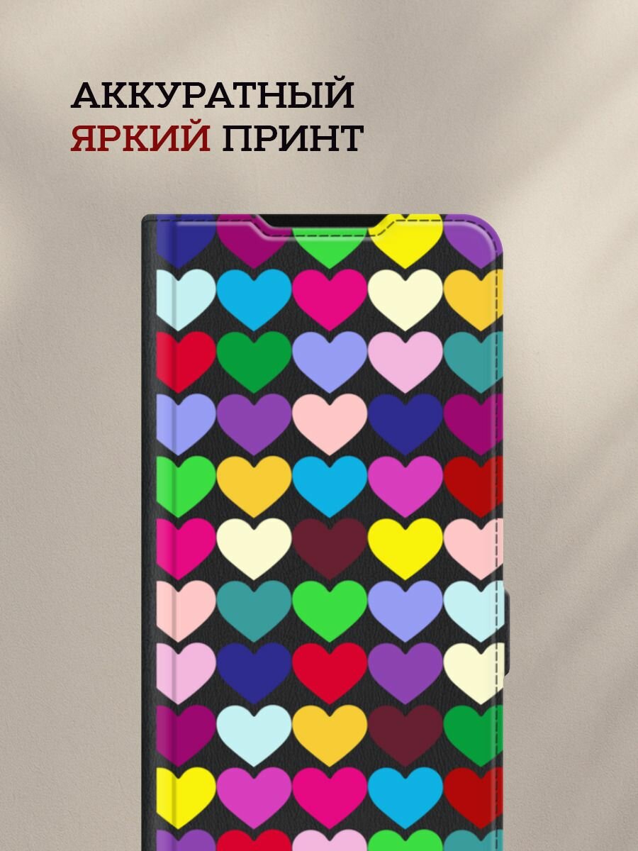 Чехол-книжка на Honor 90 Lite / Хонор 90 Лайт с принтом Разные сердца, черный — фото 1