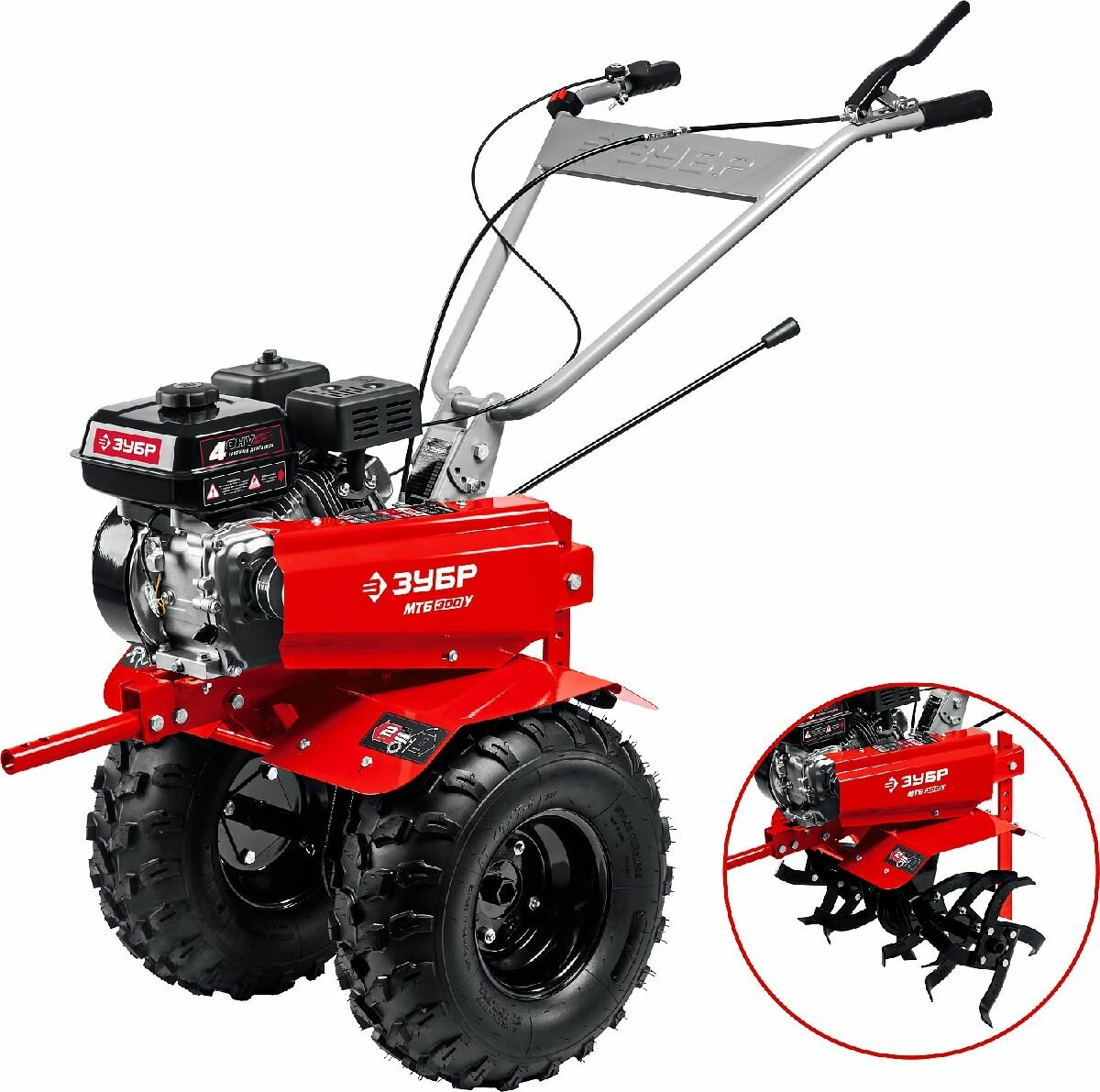 Бензиновый мотоблок ЗУБР 7 л с увеличенными колесами 48х18 см ширина вспашки 850 мм 2 скорости вперед 1 назад
