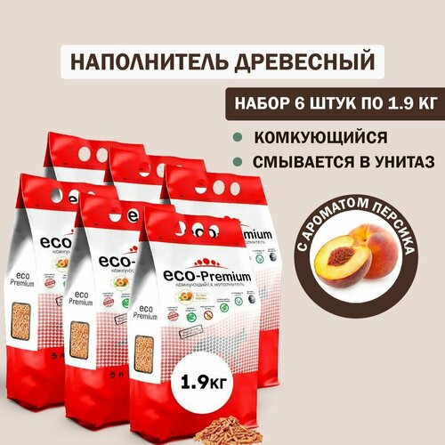 Наполнитель для кошачьего туалета комкующийся древесный с запахом персика ECO-Premium, упаковка 6 шт х 1,9 кг