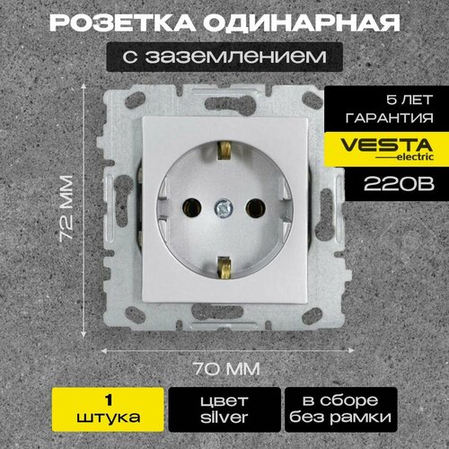Розетка Vesta-Electric Exclusive Silver Metallic одинарная с заземлением (без рамки)