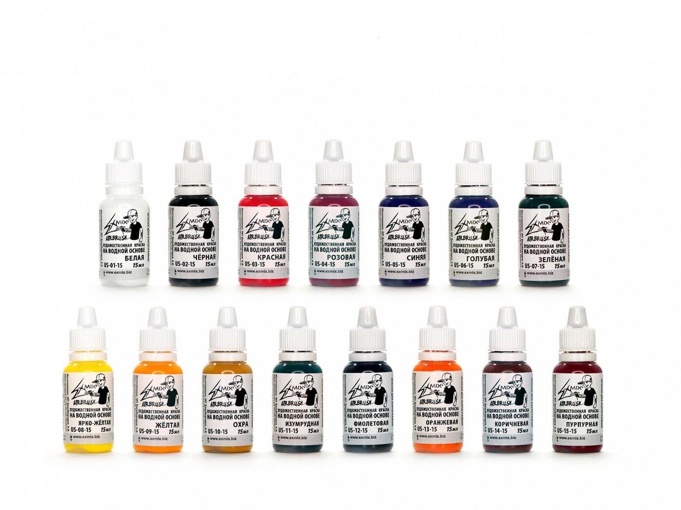 фото EXMIX Набор красок для аэрографии BASE PAINT 15 цветов по 15мл