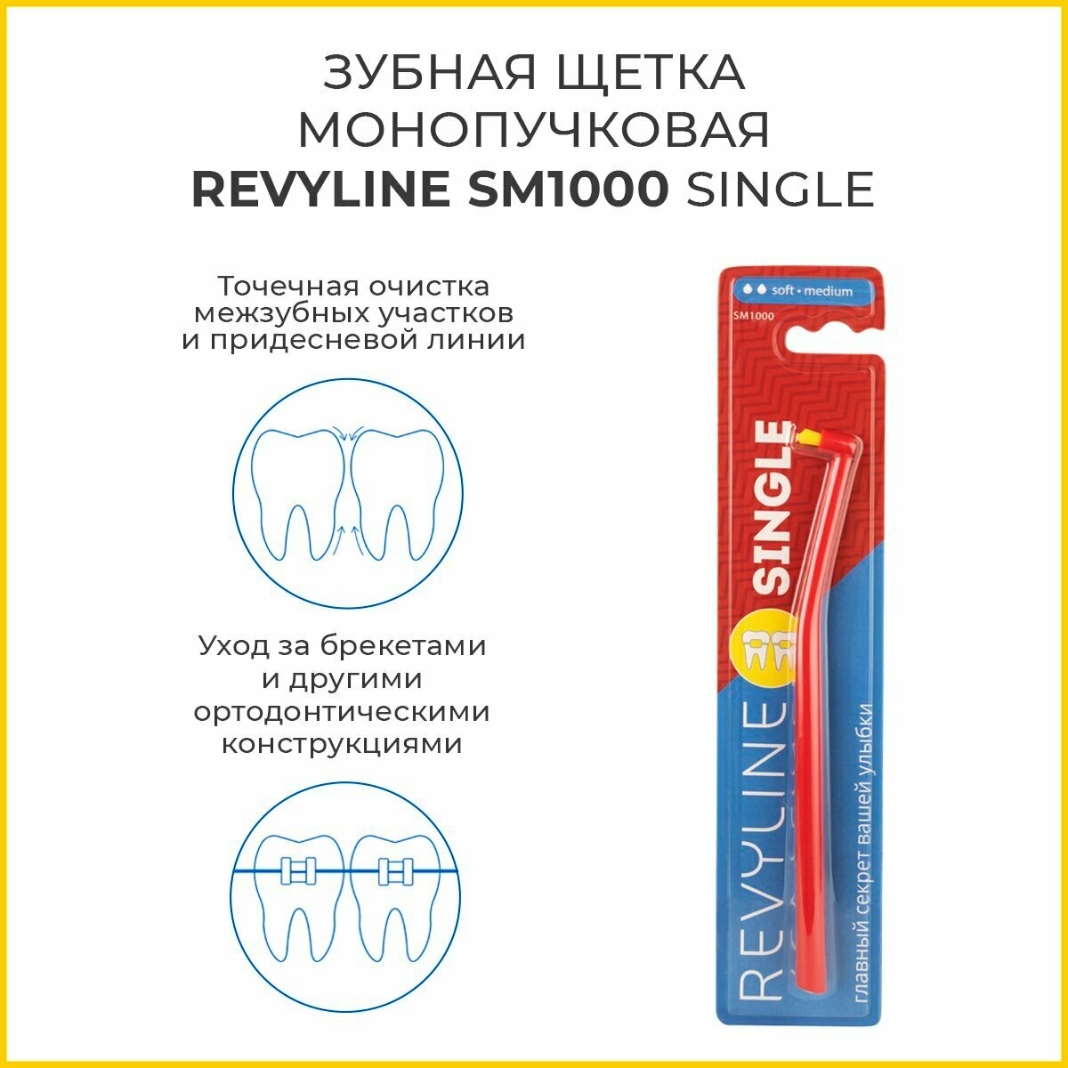 Зубная щетка Revyline SM1000 монопучковая, красная/желтая, средне-мягкая, для межзубных промежутков, для брекетов