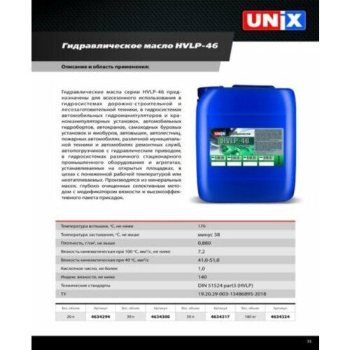 Масло гидравлическое UNIX HVLP 46 (20л)