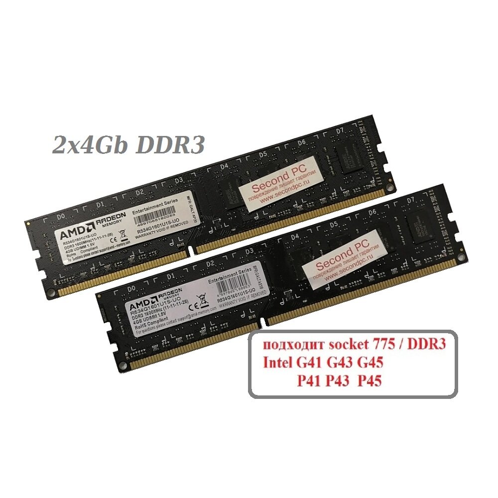 ОЗУ Dimm 8Gb PC3-12800(1600)DDR3 AMD Radeon R534G1601U1S-UO (Kit 2x4Gb) для сокет 775