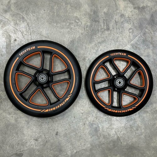 фото Колеса для городского самоката 230мм +200мм и 4 подшипника abec 7, черно-оранжевый techteam