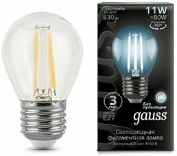 Лампа светодиодная (LED) Шар Е27 филаментная 11Вт 830лм 4100К 230В прозр. Gauss