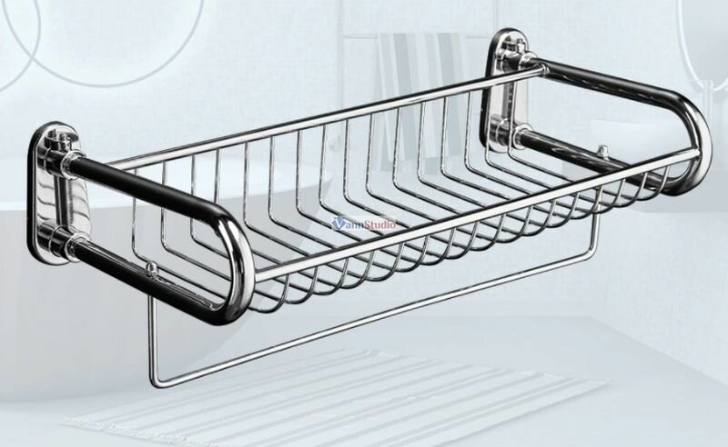 фото Полка-корзина с полотенцедержателем, подвесная металлическая, 35 х 15 см, Хром F336