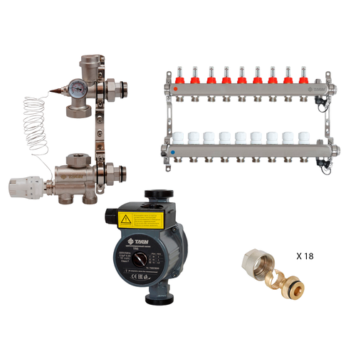 Коллекторная группа для теплого пола TAEN (нерж) 1x3/4x9 вых (р/в), насосно-смесительный узел, насос TAEN 25/6, евроконус, UCM+UC-9+UC1634