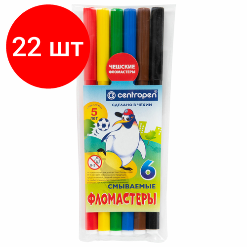 Комплект 22 шт, Фломастеры 6 цветов CENTROPEN Пингвины, смываемые, вентилируемый колпачок, 7790/6ET, 7 7790 0686